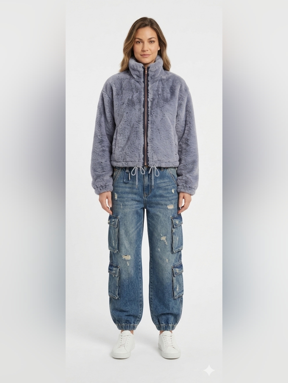 Anthropologie Elevenses Blue Gray Faux Fur Zip Up Teddy Jacket Plush Medium - Picture 2 of 14